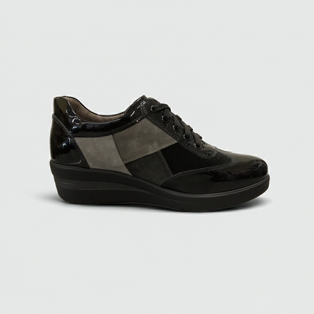 Scarpa Donna Nero Giardini A616852D in Vera Pelle Scamosciata, Vernice Nero e Grigio, Zeppa bassa, Lacci - Numero 36 (EU)