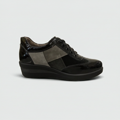Scarpa Donna Nero Giardini A616852D in Vera Pelle Scamosciata, Vernice Nero e Grigio, Zeppa bassa, Lacci - Numero 36 (EU)