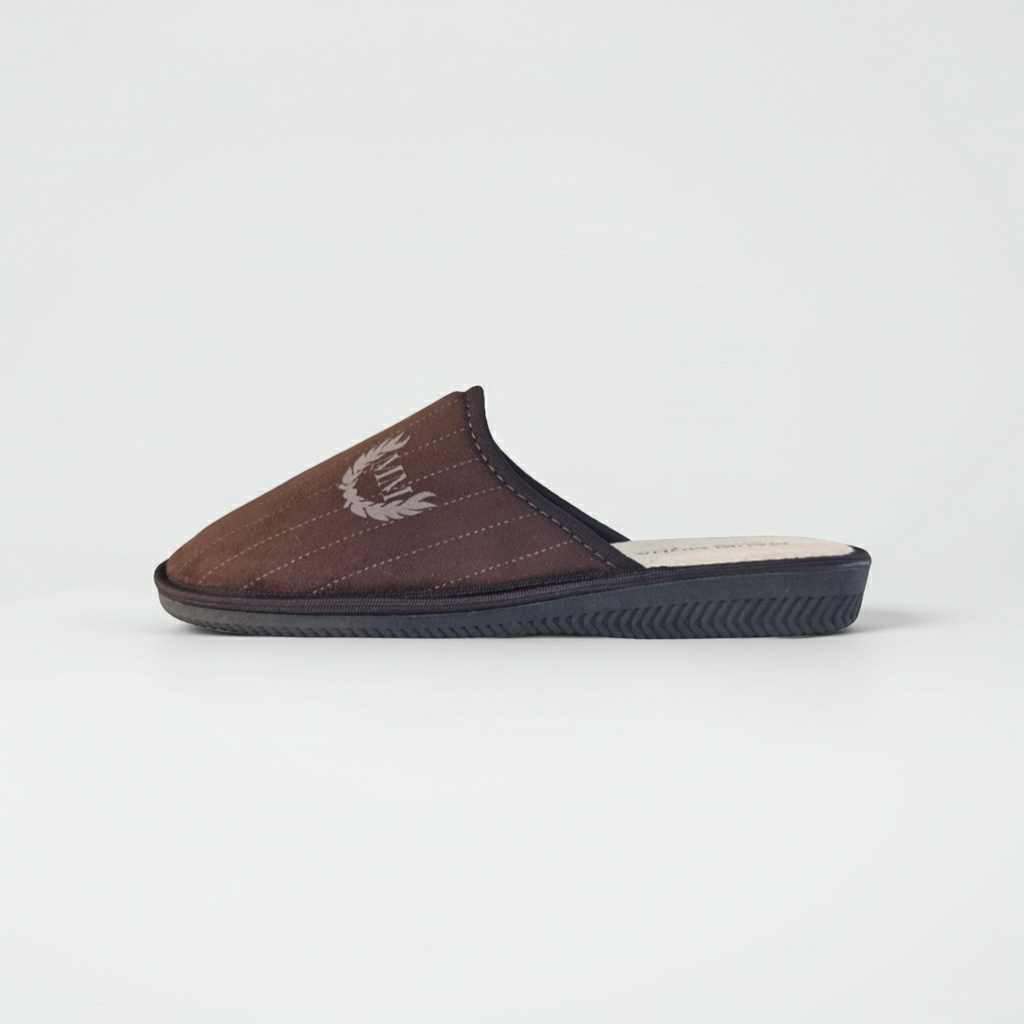 Ciabatte Pantofole Uomo in Velour, Felpato Lana, Soletta in Vera Pelle, Marrone Testa di Moro