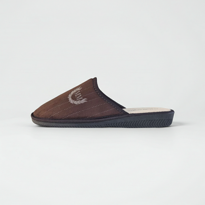 Ciabatte Pantofole Uomo in Velour, Felpato Lana, Soletta in Vera Pelle, Marrone Testa di Moro