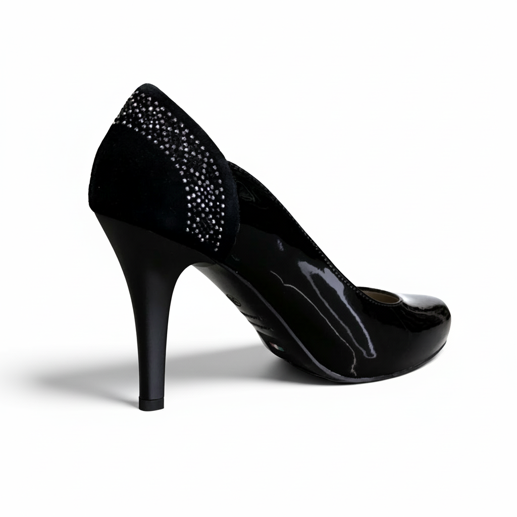 Décolleté NeroGiardini P717371DE - Tacco Alto 9 cm con Plateau, Vernice, Vera Pelle, Camoscio, con Strass - Colore Nero