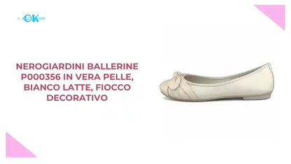 NeroGiardini Ballerine P000356 in Vera Pelle, Bianco Latte, Fiocco Decorativo by@Outfy