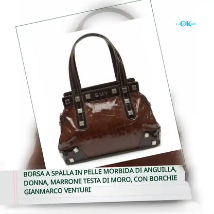 Borsa a spalla in Pelle morbida di Anguilla, Donna, Marrone Testa di Moro, con Borchie GianMarco Venturi by@Outfy