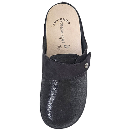 Cinzia Soft NC3335M, Pantofole Donna in Vera Pelle, Nero, con Strappo e Plantare Estraibile