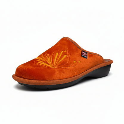 FlyFlot Ciabatte Donna in Velour, Arancione Aragosta con Ricamo Floreale, 28849