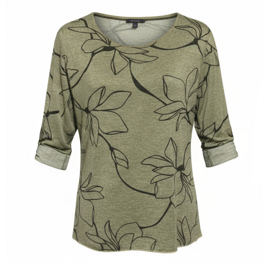 Maglia Donna Elegante, Verde Militare con Stampa Floreale, Maniche Lunghe, Stile Casual, Taglia Unica