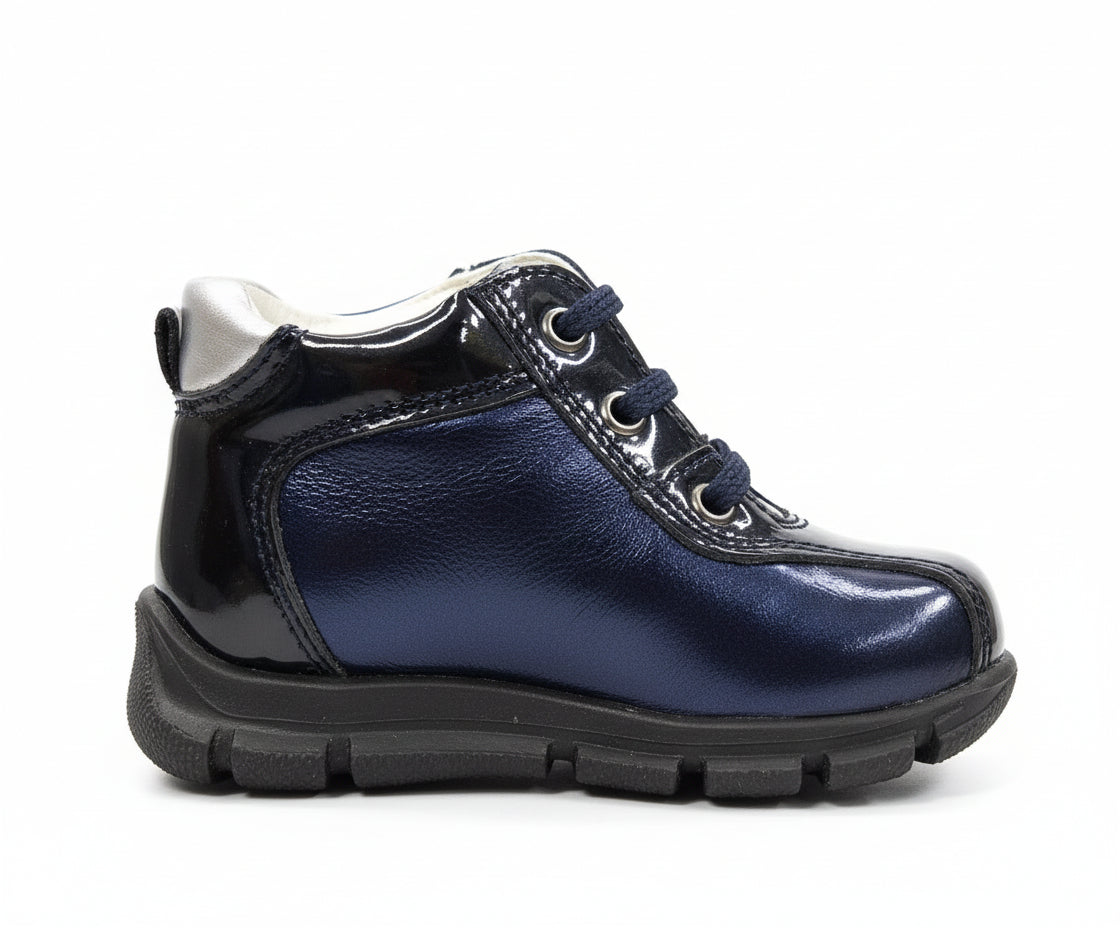 Scarpe da bambina, Blu, Vera Pelle laminata, Fiore Argento, 709 Safari Kid's, - 19 EU