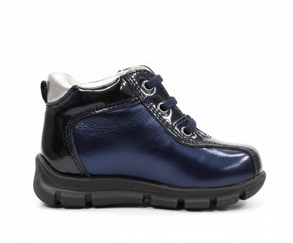 Scarpe da bambina, Blu, Vera Pelle laminata, Fiore Argento, 709 Safari Kid's, - 19 EU