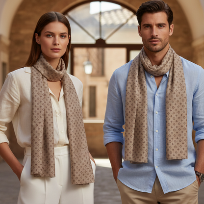 Sciarpa Leggera Foulard Beige con stampe marrone, Cotone