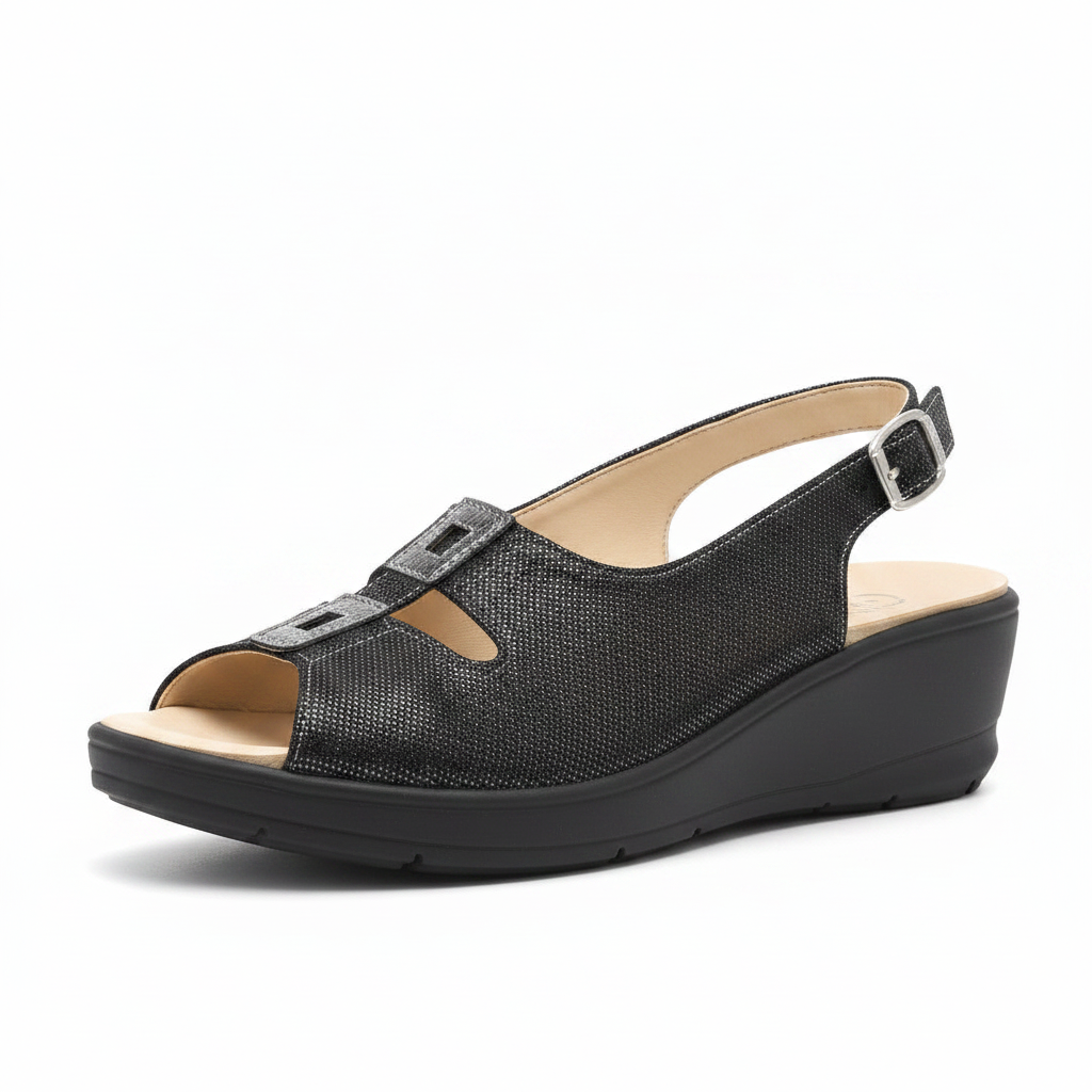 Sandali Cinzia Soft Donna Vera Pelle Nero, Plantare Estraibile, Elastici e Fibbia, Zeppa bassa