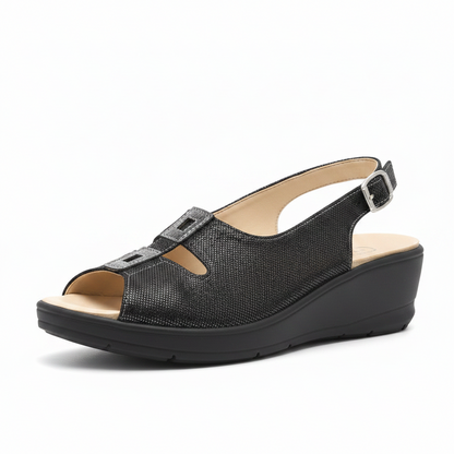 Sandali Cinzia Soft Donna Vera Pelle Nero, Plantare Estraibile, Elastici e Fibbia, Zeppa bassa