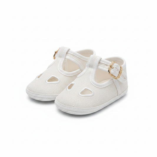 Scarpine Chicco Due Occhietti Bianco Bimbi Cotone Fibbia Oro