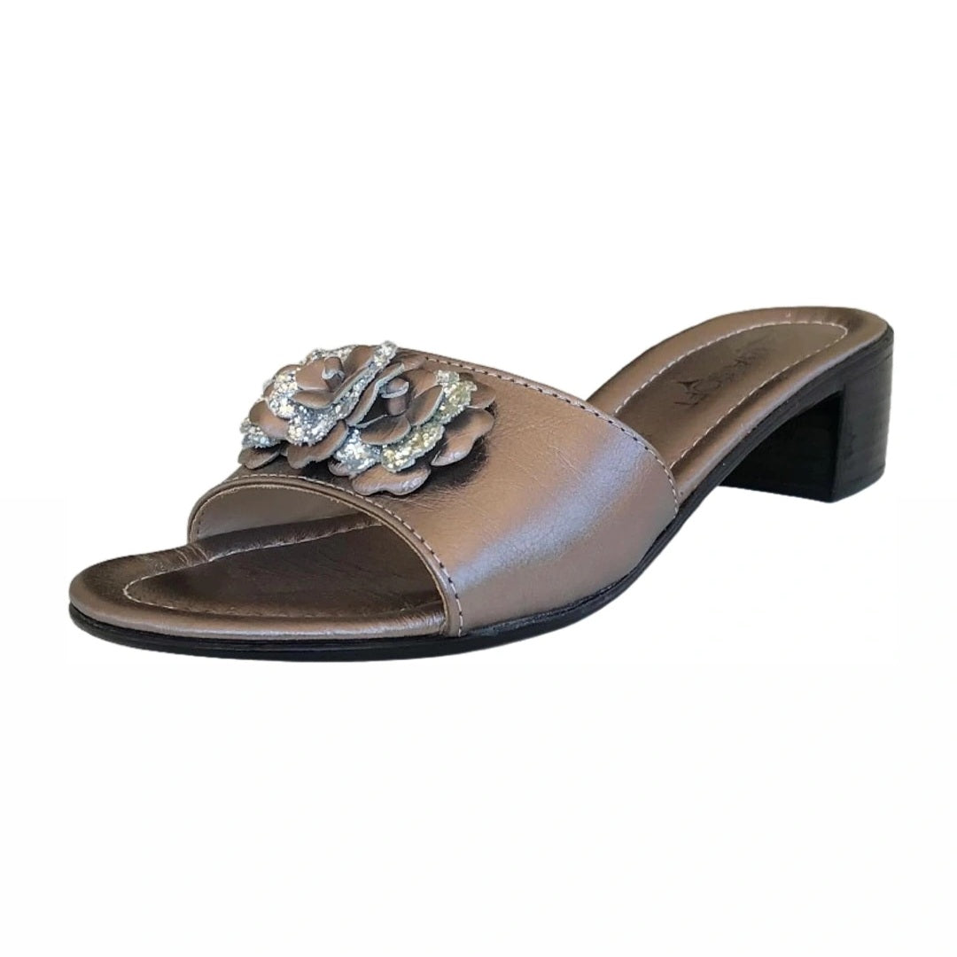 Ciabatte Eleganti Cinzia Soft Donna Bronzo Vera Pelle con fiori 3D glitter Argento
