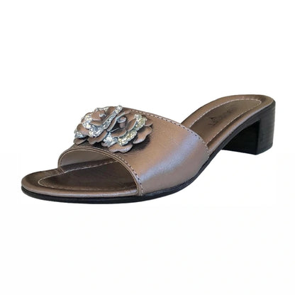 Ciabatte Eleganti Cinzia Soft Donna Bronzo Vera Pelle con fiori 3D glitter Argento