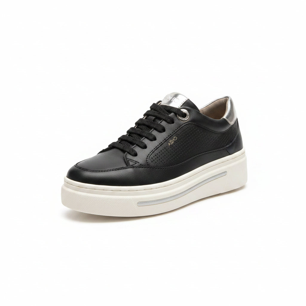 Sneakers Donna Cinzia Soft, Plantare Estraibile, Vera Pelle Nero Argento Platform IV1019258
