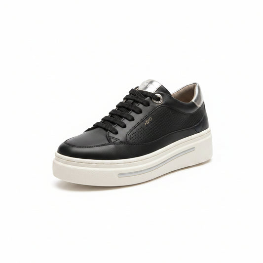 Sneakers Donna Cinzia Soft, Plantare Estraibile, Vera Pelle Nero Argento Platform IV1019258