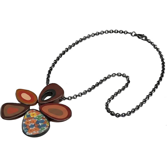 Collana con Ciondolo a Fiore, Donna, Rosso Bordeaux, Marrone, Anallergica