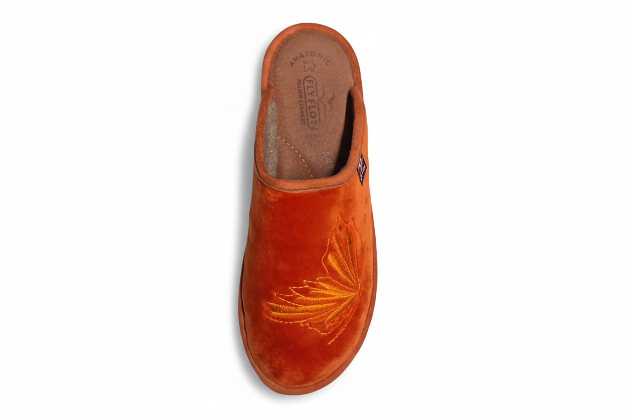 FlyFlot Ciabatte Donna in Velour, Arancione Aragosta con Ricamo Floreale, 28849