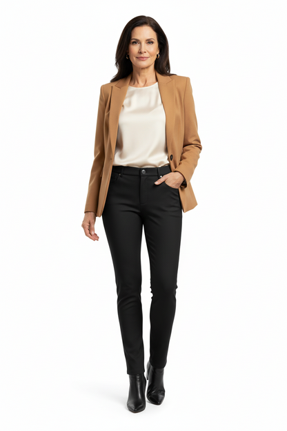 Pantaloni elasticizzati da donna, Nero Giardini, Nero, punto milano, con bottone gioiello e zip