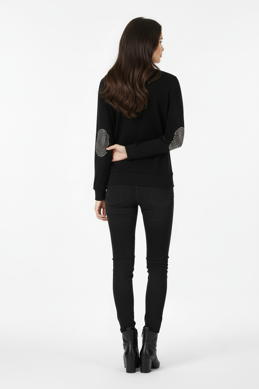 Felpa Donna NeroGiardini A663010D con zip, rouches, toppe di paillettes, Nero, 44 EU