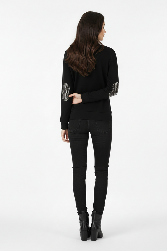 Felpa Donna NeroGiardini A663010D con zip, rouches, toppe di paillettes, Nero, 44 EU