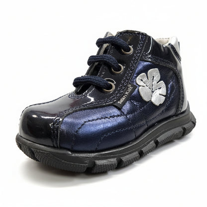 Scarpe da bambina, Blu, Vera Pelle laminata, Fiore Argento, 709 Safari Kid's, - 19 EU