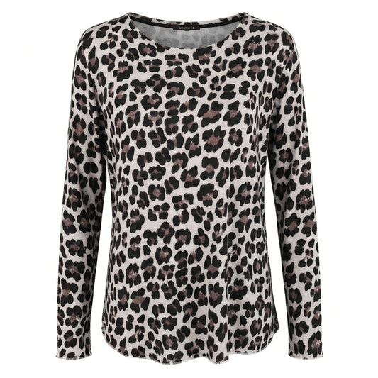 Maglia Donna Leopardata FLORA, Maniche Lunghe, Motivo Animalier, Cold Beige, Taglia Unica