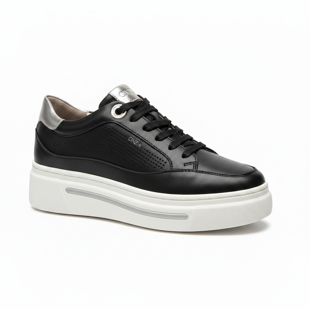 Sneakers Donna Cinzia Soft, Plantare Estraibile, Vera Pelle Nero Argento Platform IV1019258