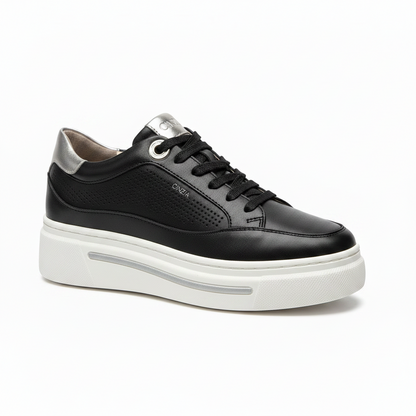 Sneakers Donna Cinzia Soft, Plantare Estraibile, Vera Pelle Nero Argento Platform IV1019258