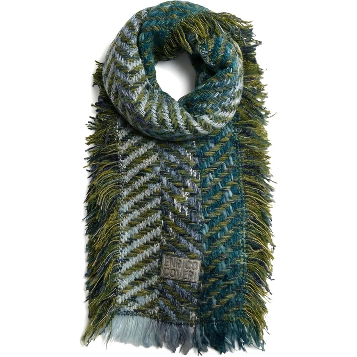 Enrico Coveri Sciarpa Verde con Frange, Motivo Intrecciato Multicolore Teal e Oliva