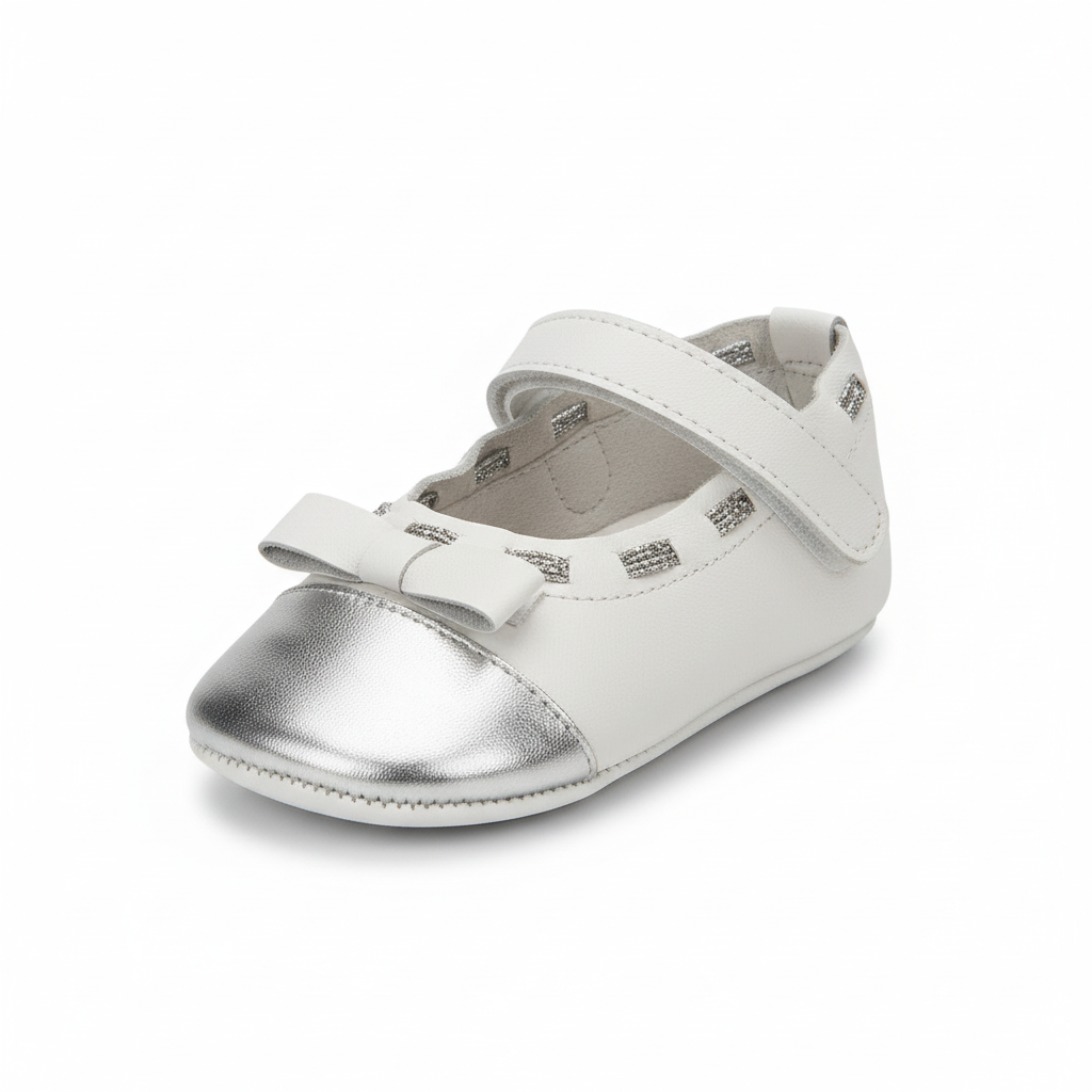 Ballerine Bambina Chicco Pelle Bianco Argento Fiocco Strappo, 18