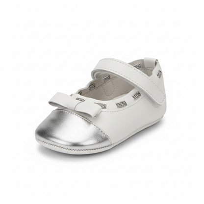 Ballerine Bambina Chicco Pelle Bianco Argento Fiocco Strappo, 18