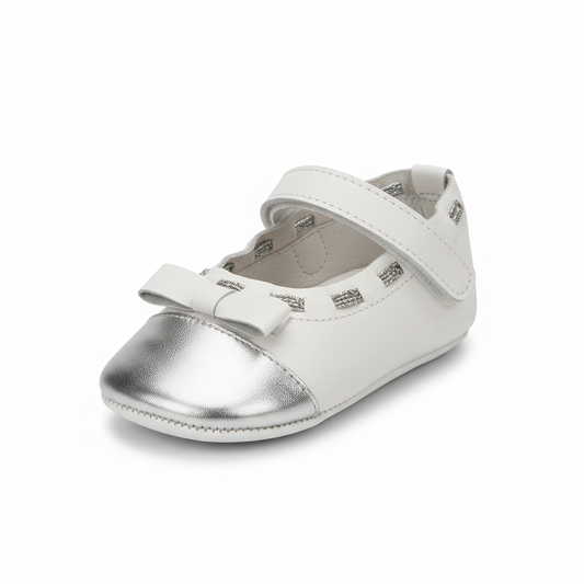 Ballerine Bambina Chicco Pelle Bianco Argento Fiocco Strappo, 18