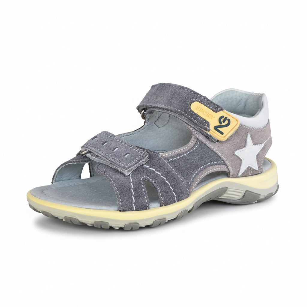 Sandali Bambino Nero Giardini Junior in Vera Pelle – Avio Grigio Giallo Strappo Taglia 30