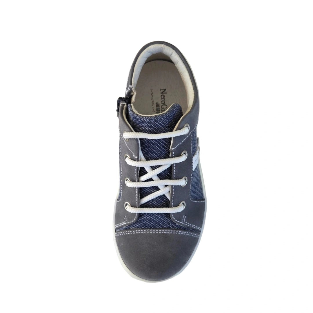 Snakers Bambini Nero Giardini Junior, Stile College, Vera Pelle, Denim, Blu