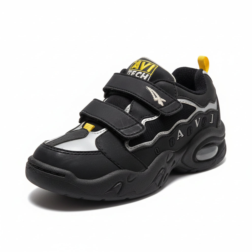 Sneakers Bambini, Avi Tech, Nero, Dettagli Gialli, Vera Pelle, Doppio Strappo, 32 EU