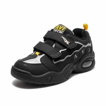 Sneakers Bambini, Avi Tech, Nero, Dettagli Gialli, Vera Pelle, Doppio Strappo, 32 EU