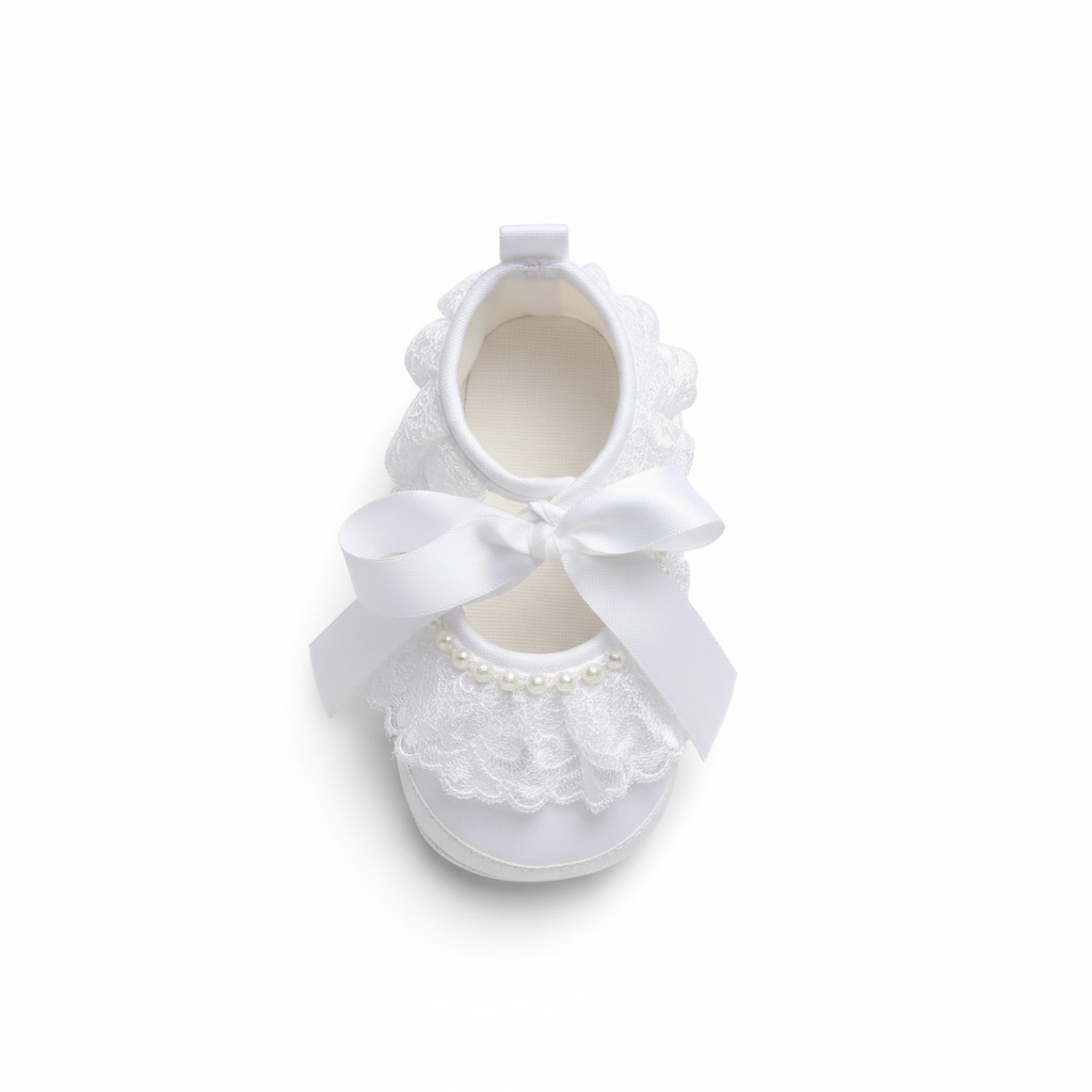 Scarpine Bambina Battesimo Cerimonia Bianco Pizzo Perline Fiocco, 17