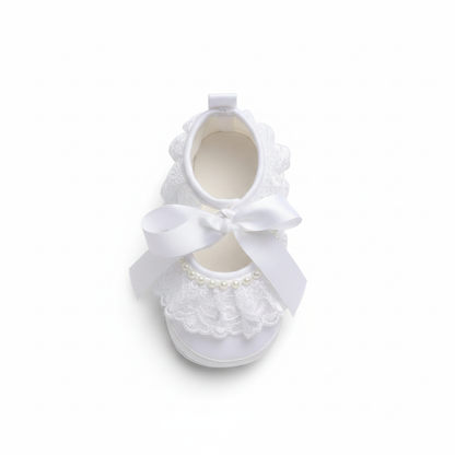 Scarpine Bambina Battesimo Cerimonia Bianco Pizzo Perline Fiocco, 17