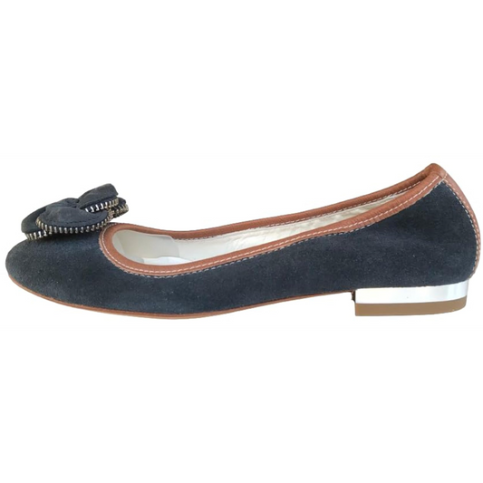 Ballerine NeroGiardini Tacco Basso camoscio Blu Avio con Finiture in Pelle Cuoio