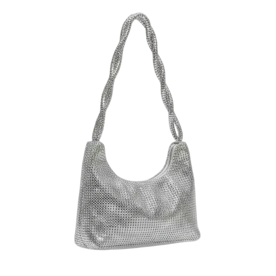 Borsetta a spalla mini bag Argento con Strass, Tessuto a rete, Manici intrecciati