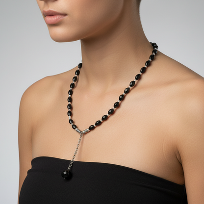 Flama Collana Donna con Pietre Nere ottagonali, Ciondolo Sfaccettato, Dettagli Argento