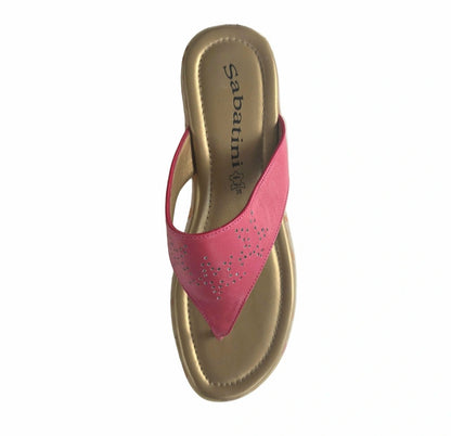 Ciabatte Infradito Rosa in Vera Pelle con strass, zeppa floreale, Donna