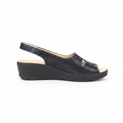Sandali Cinzia Soft Donna Vera Pelle Nero, Plantare Estraibile, Elastici e Fibbia, Zeppa bassa