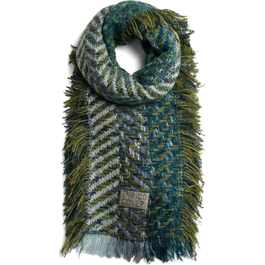 Enrico Coveri Sciarpa Verde con Frange, Motivo Intrecciato Multicolore Teal e Oliva
