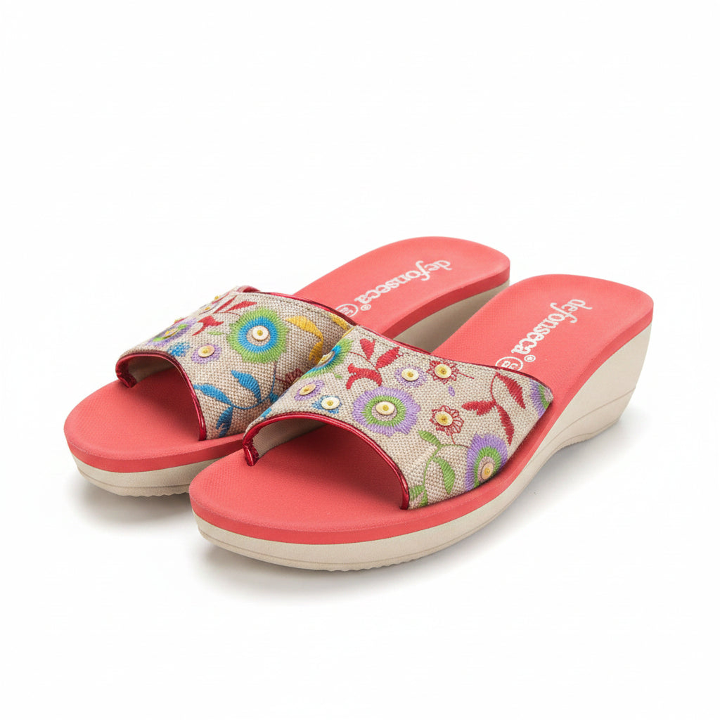 Ciabatte Mare Donna De Fonseca Zeppa in Tessuto – Rosso Beige Taglia 36