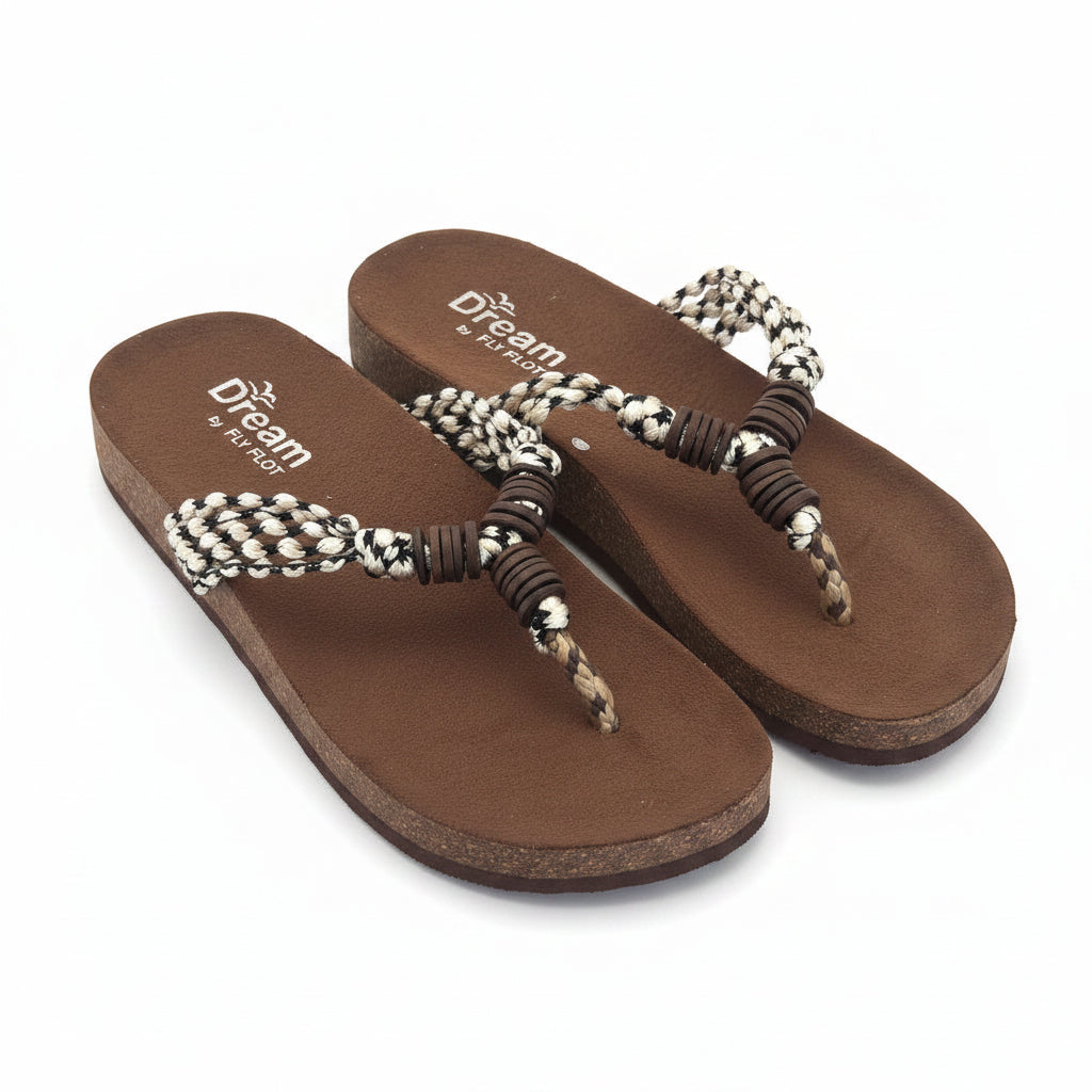 Ciabatte Infradito Donna Fly Flot Dream – Cordoncino Intrecciato Marrone e Bianco Fondo Antiscivolo Taglia 37