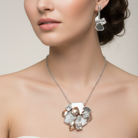 Set Coordinato collana e orecchini Donna Argento e Oro Rosa con Brillanti incastonati