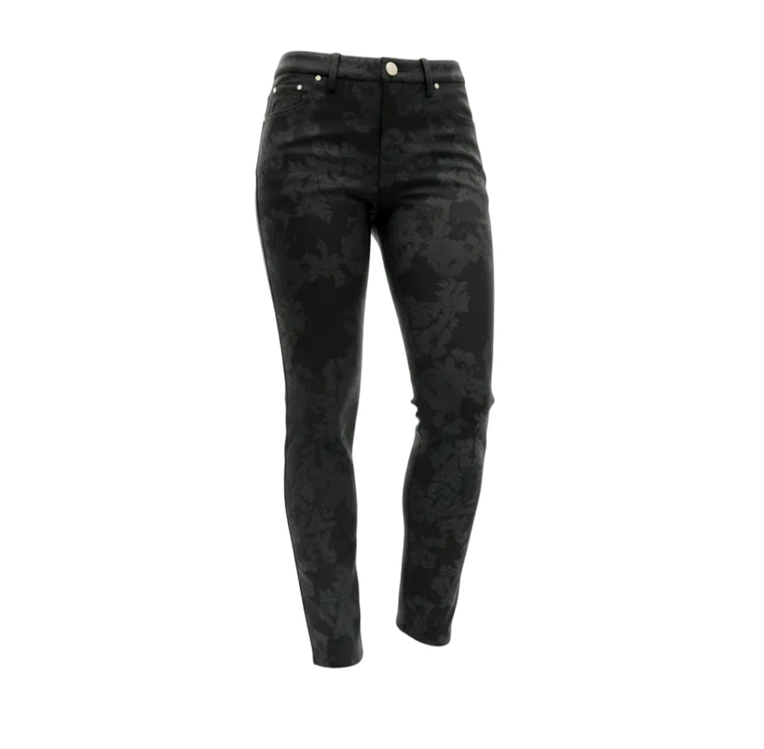 Pantaloni damascato da donna, elasticizzati, Nero Giardini, Nero, Bottone Gioiello