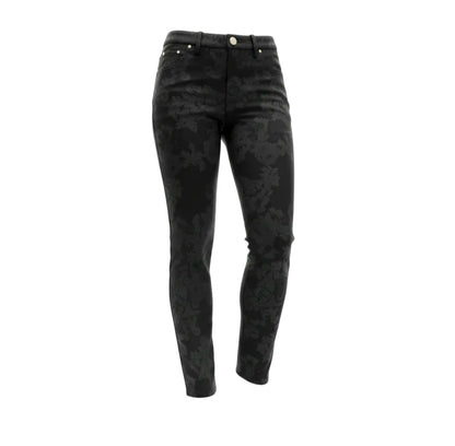 Pantaloni damascato da donna, elasticizzati, Nero Giardini, Nero, Bottone Gioiello